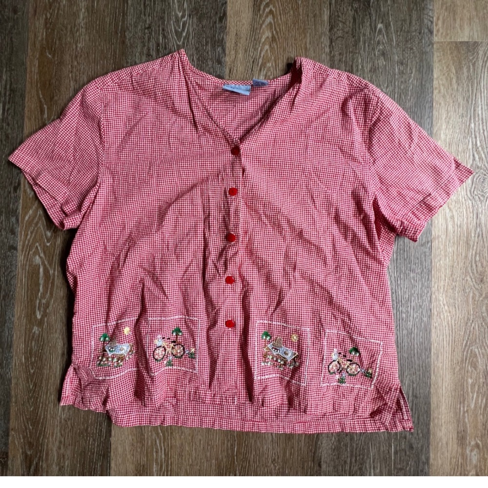 Jane Ashley Button Up Top Womens 1X Red Gingham Embroidered Beach Bicycle Cotton
